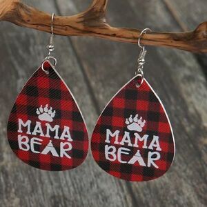 Mama Bear Red Plaid Tear Drop Earrings